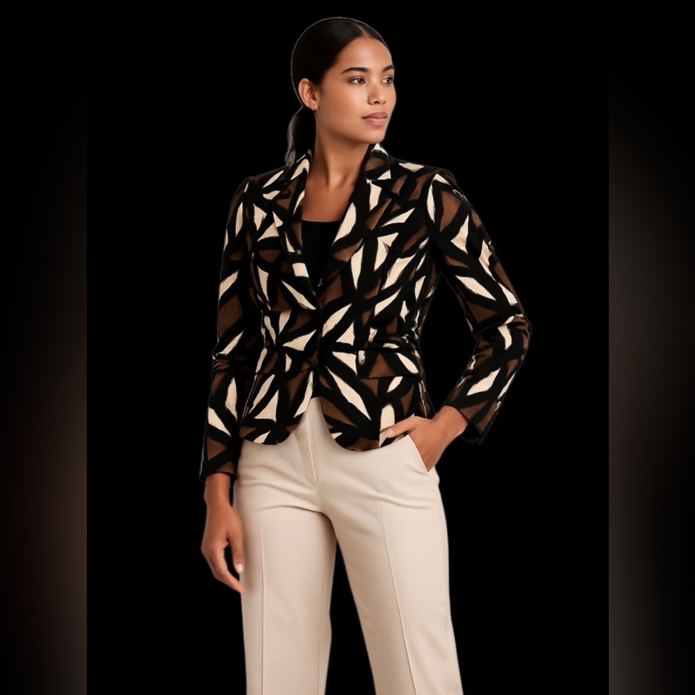 Cache Abstract Black Brown Beige Blazer Jacket – Women’s Size Medium - Picture 2 of 8